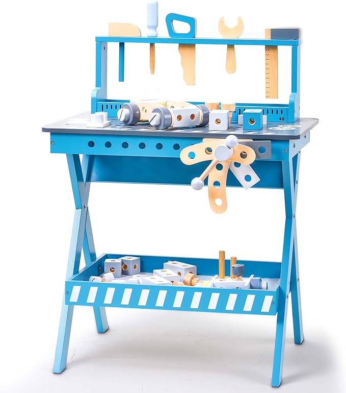 Kids Tool Bench with Sturdy Wood, Toddler Workbench with Realistic Toy Construction Set, Toy Tools Set and Multiple Ceative Pieces for 3-6 Year Old Boys and Girls, Dark Blue