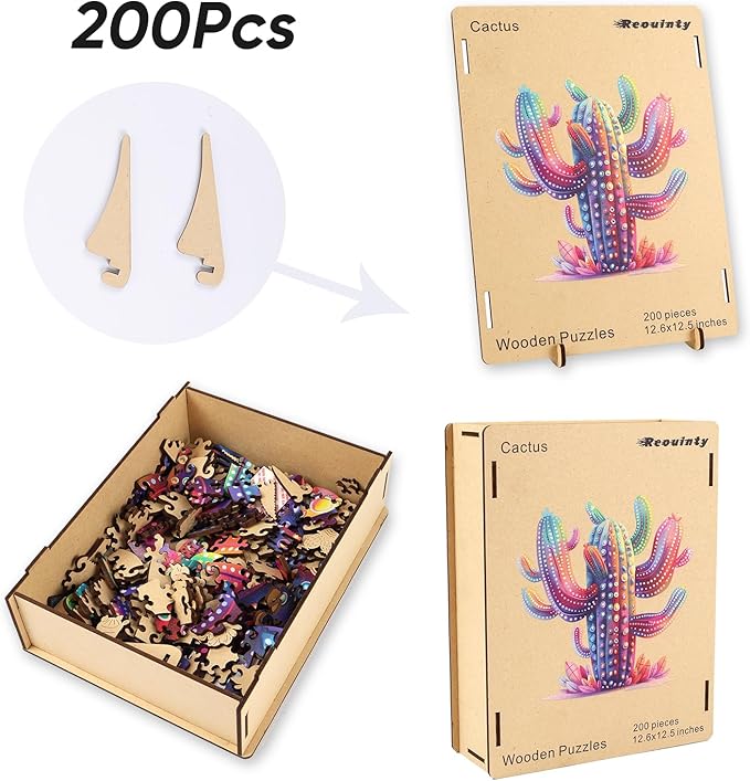 Wooden Jigsaw Puzzles - Cactus Succulent Plants, 200 Piece Luxurious Shaped Wooden Puzzles for Adults and Kids, Family Game, Medium 11.2 * 11.2in