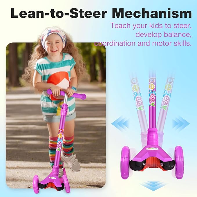 BELEEV A2 Scooters for Kids 3 Wheel Kick Scooter for Toddlers Girls Boys, 4 Adjustable Height, Lean to Steer, Light up Wheels, Extra-Wide Board, Easy to Assemble for Children Gift Sport Toys Ages 3-12