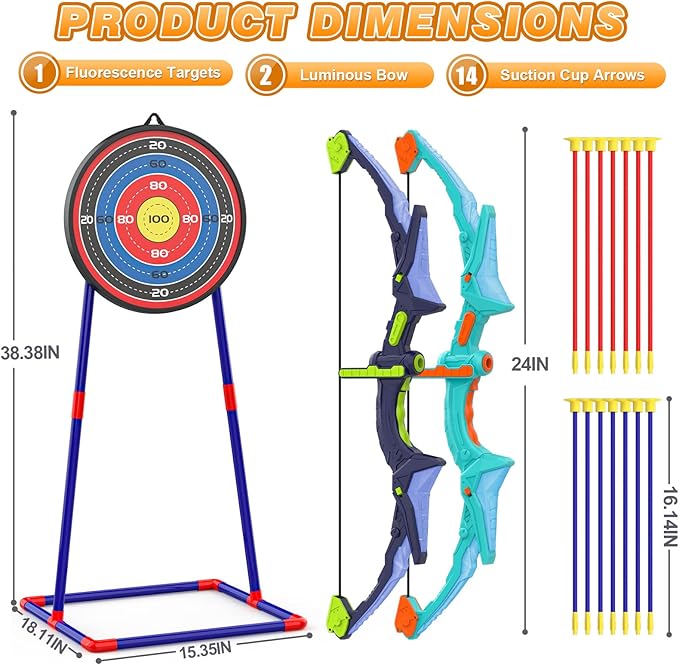 2 Pack Bow and Arrow Set for Kids, Light Up Archery Set with 14 Suction Cup Arrows, Archery Targets Outdoor Games for Kids Ages 4-8 8-12, Birthday Gifts Toys for 5 6 7 8 9 10 11 12 Year Old Boys Girls