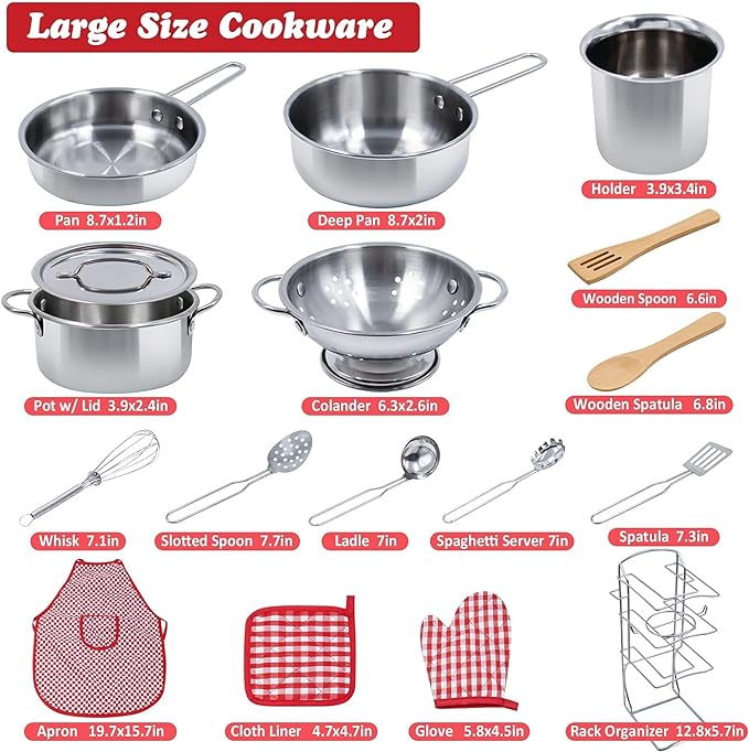 Kids Pretend Play Kitchen Toys Accessories Set, 32 Items Stainless Steel Toy Pots and Pans Sets w/ Rack Organizer, Metal Cooking Utensils & Apron, Play Food w/ Basket for Kids Girls Boys Toddlers