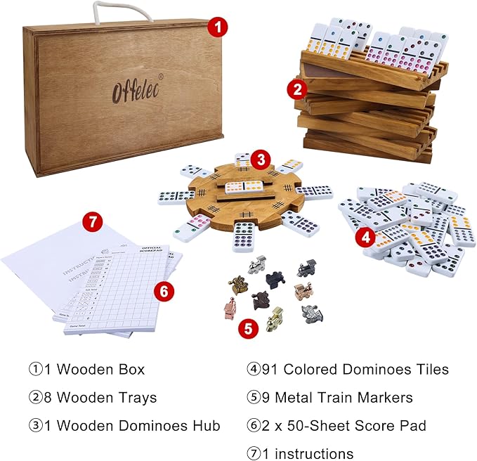 Mexican Train Double 12 Dominoes Set with Wooden Box, Domino Tile Board Games with 8pcs Trays, 9 Markers, 91 Tiles, 2 Scoreboards and Hub - Dominos Set for Adults Kids and Family Game Night