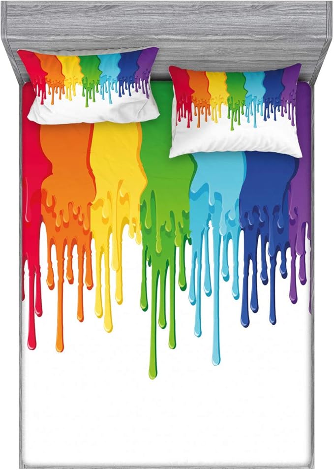 Ambesonne Abstract Fitted Sheet & Pillow Sham Set, Rainbow Colored Paint Leaking Splattered Drops Creative Graphic Design, Decorative Printed 3 Piece Bedding Decor Set, Full, Rainbow Colors