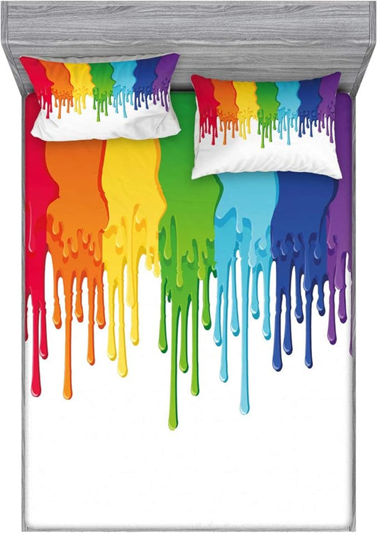 Ambesonne Abstract Fitted Sheet & Pillow Sham Set, Rainbow Colored Paint Leaking Splattered Drops Creative Graphic Design, Decorative Printed 3 Piece Bedding Decor Set, Full, Rainbow Colors