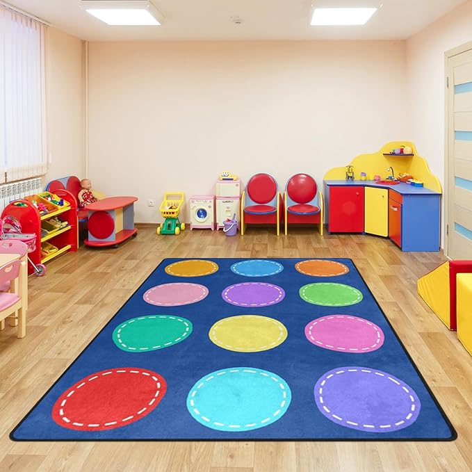 Classroom Carpets Playmat Rugs - 5x7 Ft Kids Rug with Rubber Backing, Colorful Circle on Blue Background Classroom Seating Rug Play Mat Nursery Rugs for Preschool Elementary Playroom -12 Seating