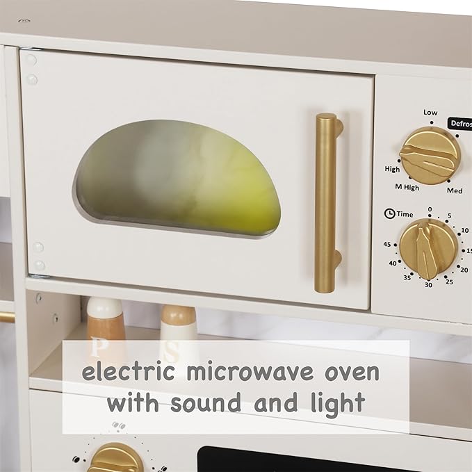 Wooden Play Kitchen Set with Ice Maker, Water Dispenser, Coffee Maker,Big Toddler Toy Kitchens Playset with Washing Machine,Sink with Running Water, Stove with Light&Sound,Gift for 3+boy Girl (White)