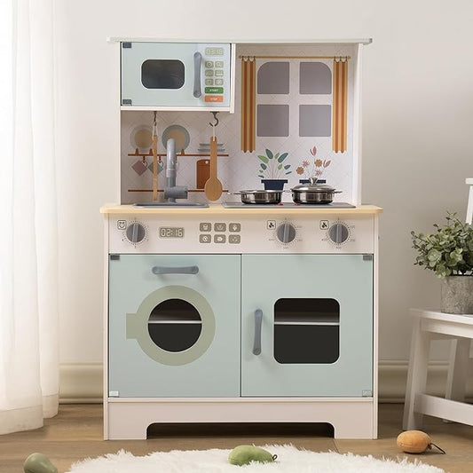ROBOTIME Play Kitchen Set for Kids Toddlers, Wooden Kids Play Kitchen Playset with Real Lights & Sounds, Pretend Toddler Kitchen Gift for Girls Boys Age 3+