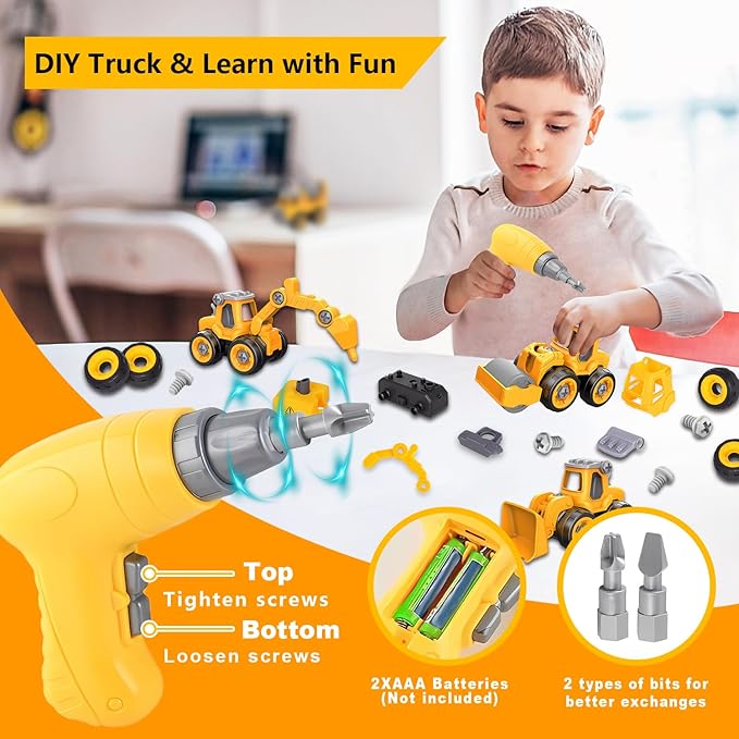 Take Apart Construction Truck Toys for Kids Ages 3-8 | STEM Learning Building Kit with Electric Drill Tool & Puzzle Play | Educational Engineering Toys Gift for Boys Girls Toddlers (Birthday, Holiday)