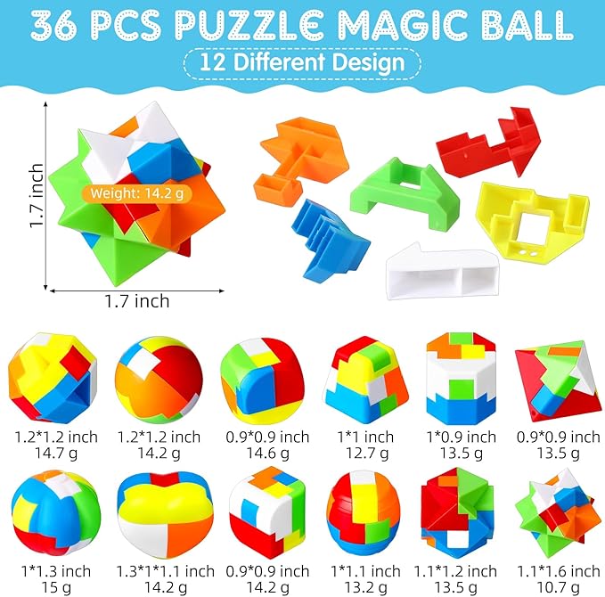 Jenaai 36 Pcs Brain Teaser Puzzles for Kids 3D Plastic Sphere Puzzle Chain Mind Game Puzzles for Boys Girls Holiday Christmas Challenge Game Party Favors Gift