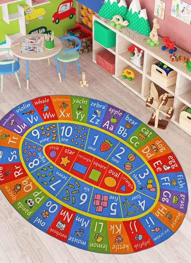 KC Cubs Multi Color Letter Print Power-Loomed ABC Alphabet, Numbers and Shapes Educational Learning & Fun Game Play Area Non Slip Boy & Girl Kids Oval Rug