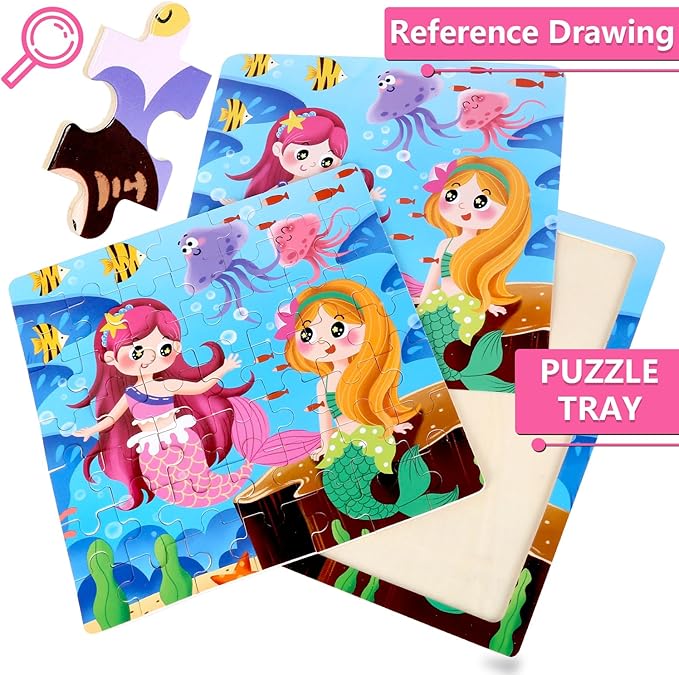 4SET Puzzles for Kids Ages 4-6 - 48 Pcs Wooden Realistic Montessori Toddler Puzzles Ages 3-5 - Princess Mermaid Insect Learning Games for Boys and Girls 4-8 Year Olds