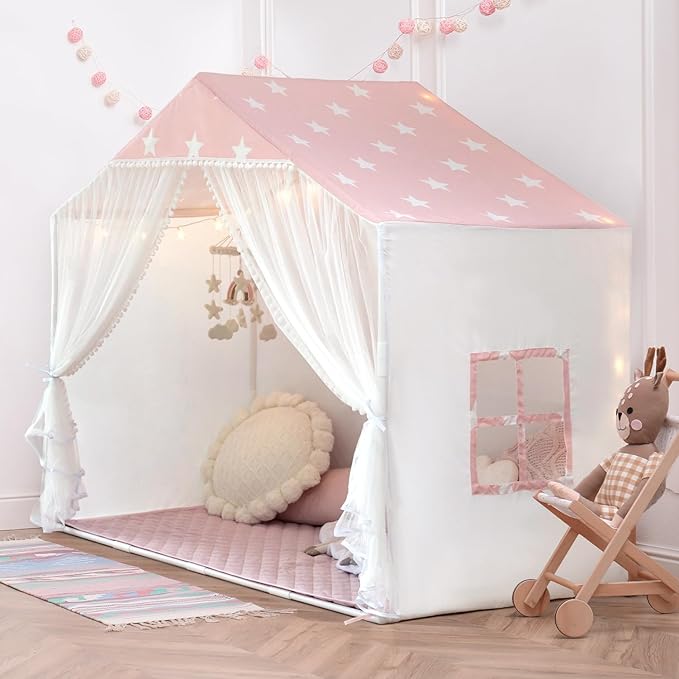 Kids Play Tent with Mat, Large Playhouse Tent with Pompoms Door Curtains, Children Play House for Girls Boys, Indoor Play Cottage (Pink)