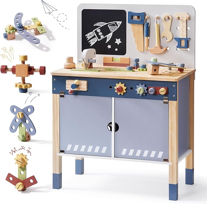ROBOTIME Kids Tool Bench, Wooden Tool Workbench for Toddler, Tool Bench with Play Tools Set and Large Storage Space, Toy Workbench Workshop for Boys and Girls, Gift for Ages 3+