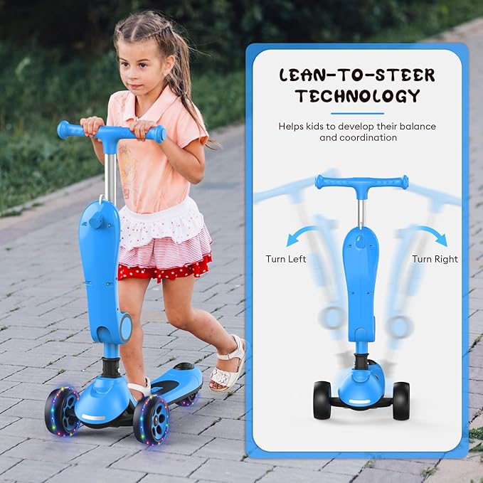 Kids Scooter,LED Lighted Wheels and 3 Adjustable Height Handlebars Scotters for Kids 3-12,3 Wheel 2-in-1 Toddler Kick Scotter for Boys & Girls up to 132 Lbs.