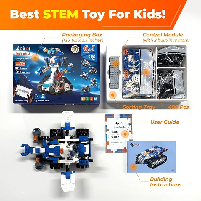 Robot J 6-in-1 Robot Building Kit, APP Remote Control STEM Coding Toys, Educational Gifts for Boys Girls Kids Ages 7-12, 4 Control Modes (480 Pieces)