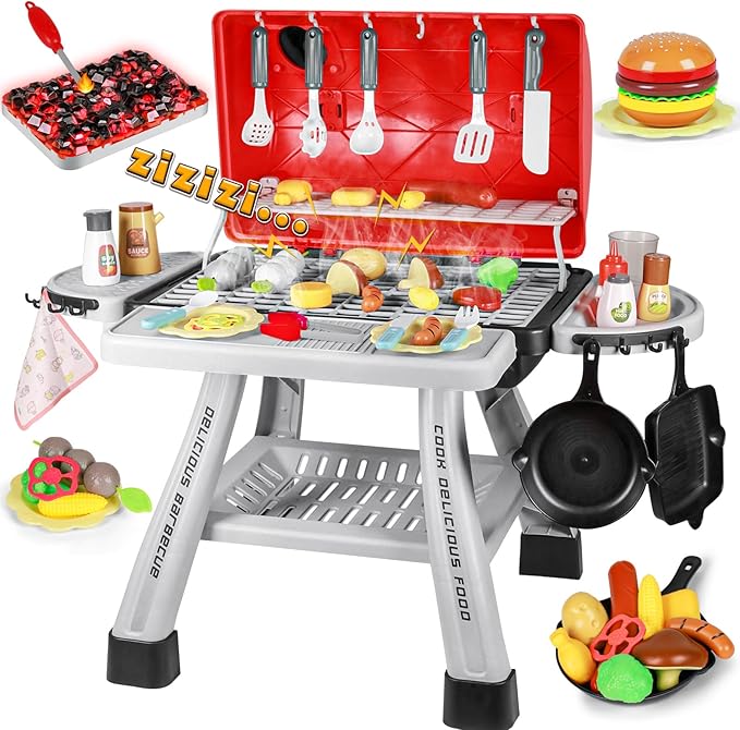 2025 Kids Play Kitchen Toy Grill BBQ Kitchen Playset Outdoor Toy with Smoke Light Outside Pretend Play Food Toys Cooking Set 2-Layer Barbecue Gifts for Toddler Boys Girls 3-5 6 7 8