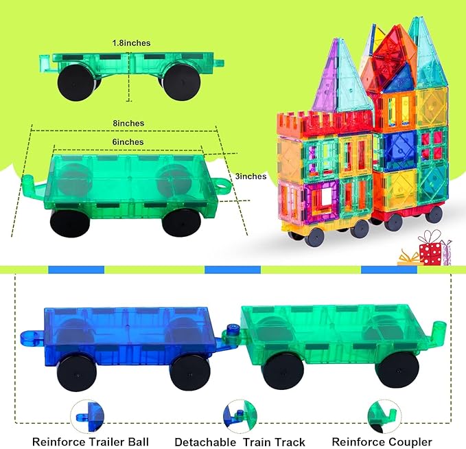 Magnetic Tiles with 2 Cars Kids Gifts Boys Toys for 3 Year Old Boys Educational Toys for Toddlers Kids Age 3-5 4-8 Car Train Building Toys