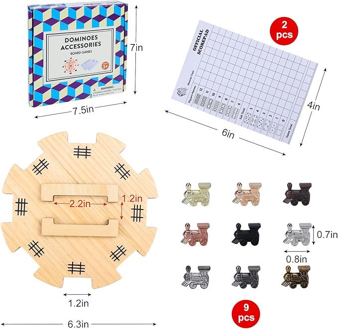 Mexican Train Dominoes Accessories - 1 Wooden Mexican Train Hub, 9 Colorful Metal Mexican Train Markers, 2 * 50-Sheet Mexican Train Score Pads for Mexican Dominoes Train Game Set