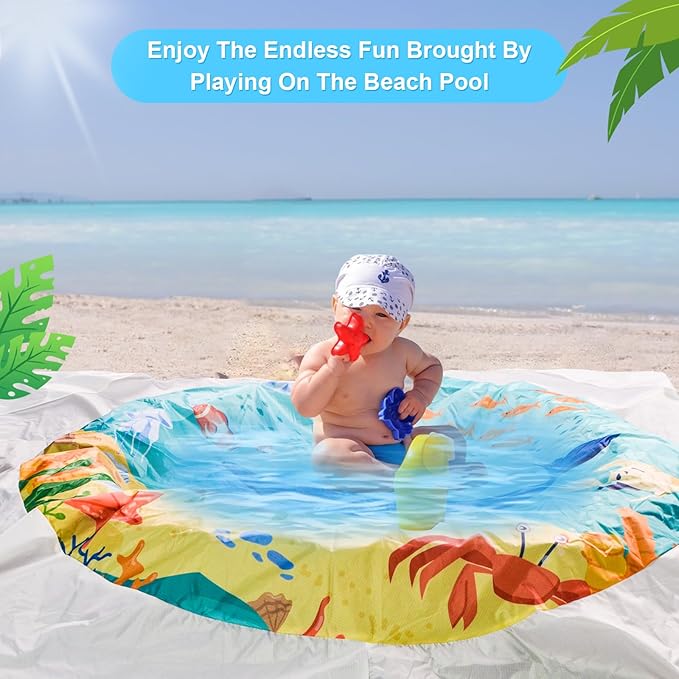 Square Baby Beach Pool, 6.5 X 6.5Ft Portable Cartoon Ocean Theme Toddler Beach Puddle, Waterproof Sandproof 2 in 1 Cute Toddler Paddling Pool Beach Blanket with Carrying Bag for Boys Girls