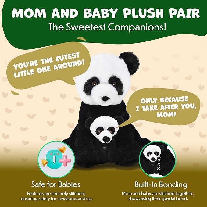 Mom and Baby Stuffed Animals for Boys & Girls, Safari Baby Shower Decorations, Nursery Decor, Zoo Animals for Toddlers, Quality Realistic Toys for Kids, Cute, Soft, Huggable, Squeezable (9.5" Panda)