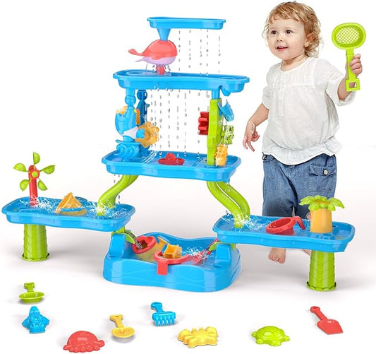 Water Table for Toddler, Rain Shower Splash Pond Toddler Water Table, Kids Water and Sand Activity Sensory Play Table, Summer Outdoor Toys for Toddlers 3-5 4-8 Years Old Boys Girls