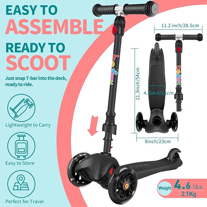 BELEEV A1 Scooter for Kids Ages 2-6, 3 Wheel Kick Scooter for Toddlers Girls Boys, Light up Wheels, Adjustable Height, Lean to Steer, Non-Slip Deck, Lightweight Push Scooter for Children