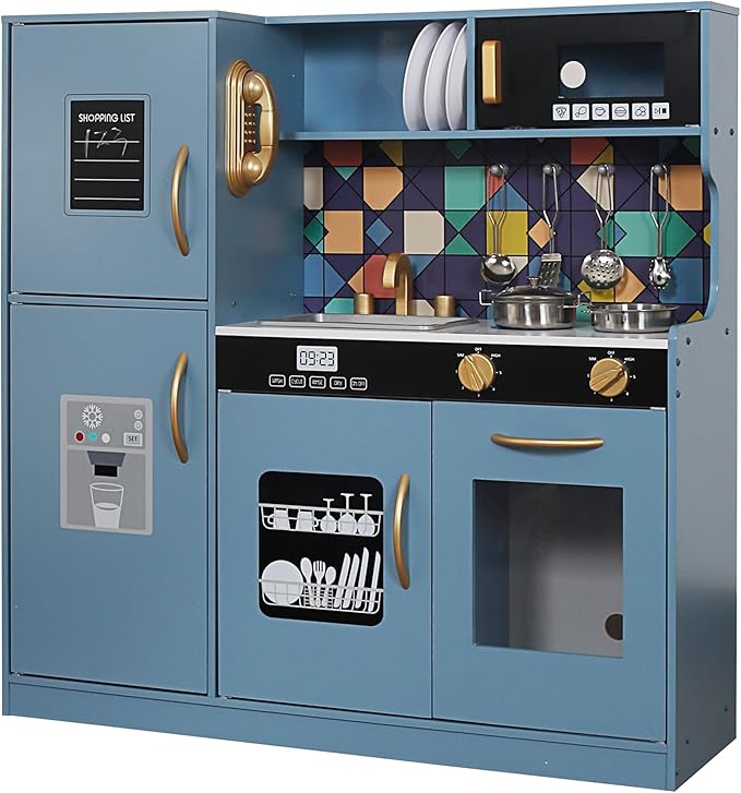 Wooden Play Kitchen Toy Set with Light, Kids Children Pretend Toy Kitchen Playset, Sink Play Toy Oven with Microwave,Toddler Cooking Set Toy for Ages 3+ Baby Girls Boys (Blue)