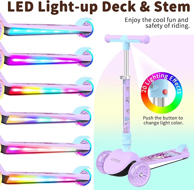 BELEEV A9 Kids Scooter with LED Light-Up Wheels & Deck, 3 Wheel Folding Scooter for Toddlers Girls Boys Ages 3-12, Adjustable Handlebar, Lean to Steer, Extra-Wide Wheels, Kick Scooter for Children