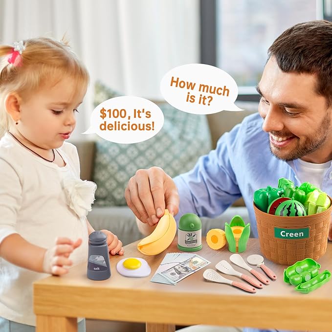 90Pcs Kitchen Playset Accessories, Pretend Cooking with Pots, Pans, Cookware, Food, Fruit, Veges, Color Sorting Baskets, Prop Money, Learning Gift for Girls Boys Toddlers (Pink)