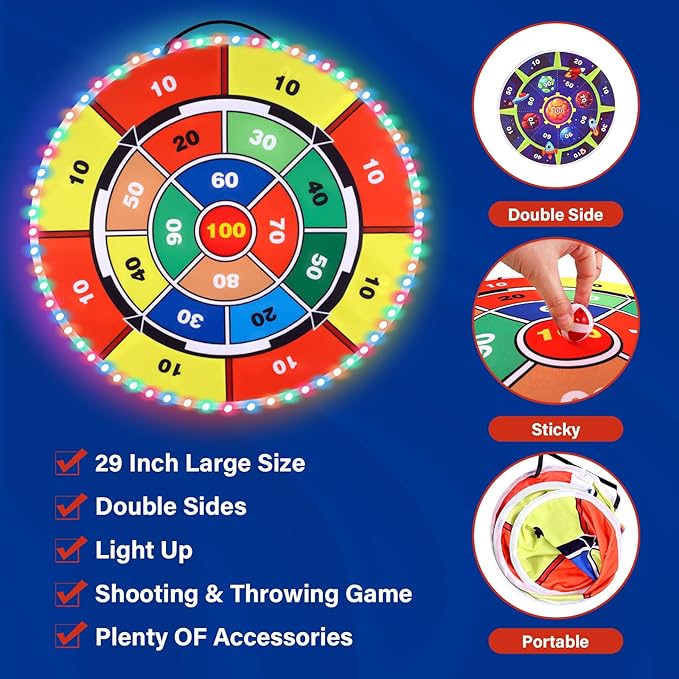 Double-Sided Light Up Dart Board Shooting Game for Kids, 29 Inches Standing & Hanging Toy Set with 2 Toy Guns 20 Soft Foam Bullets 6 Sticky Balls, Indoor Outdoor Games Fun for 3-5 Year Old Boys Girls