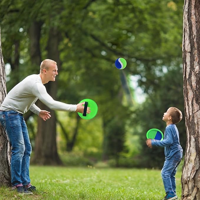 Toss and Catch Game Set - 2 Paddles, 2 Balls and 1 Storage Bag - Great Outdoor Toys/Gifts for Kids - Classic Beach and Yard Games (Blue and Green)