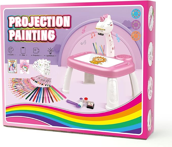Drawing Projector for Kids, Art and Crafts, Drawing Board with Music, Color Pens, Pencils, Crayons, Scrapbook, Unicorn Sticker Book, Ideal Toy for 3+ Year Old Girls & Boys (Unicorn Kit)