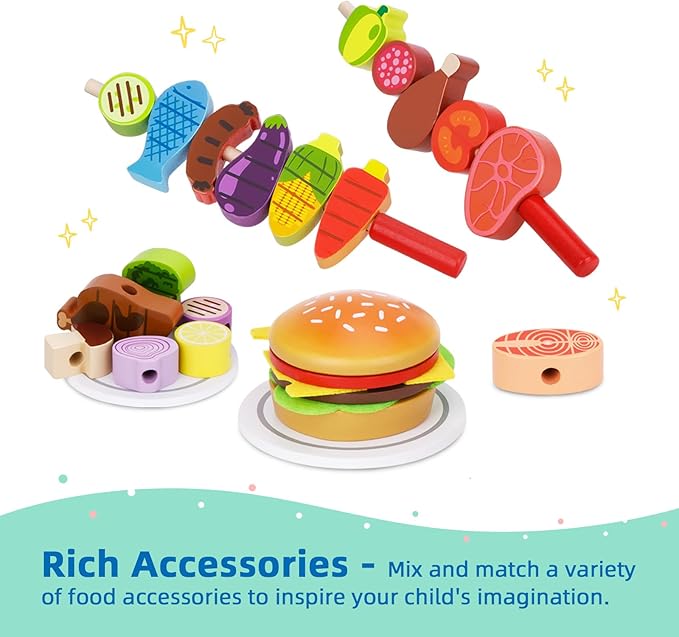 Wooden Play Barbecue Toy Grill, Kids Grill Playset with Toy Food and Grilling Tools, Play Kitchen Accessories for Toddlers Boys Girls Age 3+