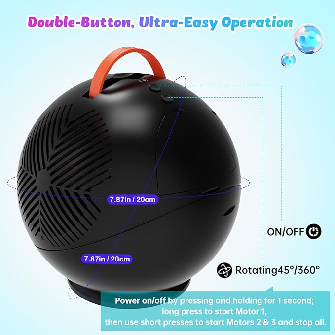 Bubble Machine for Kids Toddlers,45°/360° Automatic Rotation Spherical Bubble Maker Toy with RGB Light,Rechargeable Type-C Charge Bubble Blower,Outdoor Wedding Party Birthday Gifts (Black)