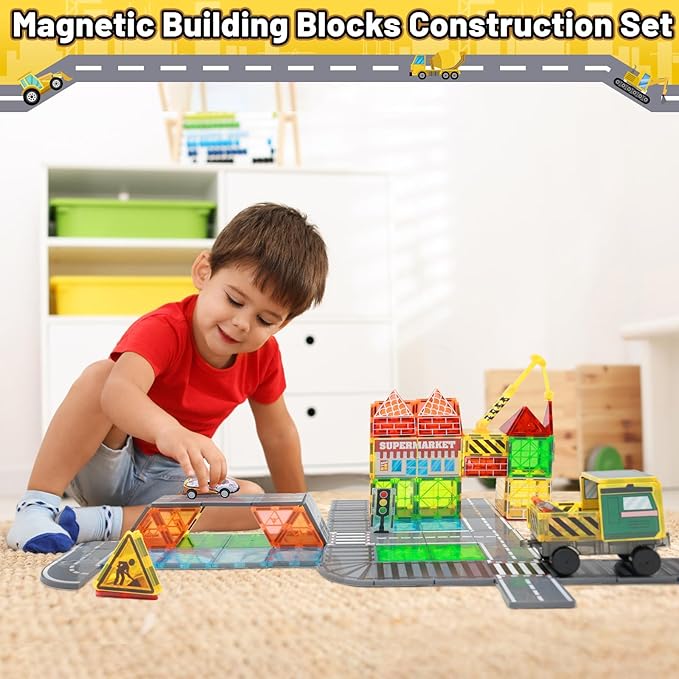 70Pcs Magnetic Tiles Magnetic Building Blocks, Building Toys for Kids Ages 3-5 4-8 8-12 Toddlers STEM Preschool Toy Boys Toys, City Construction Toys Set with 2 Cranes Train Tracks Road Car