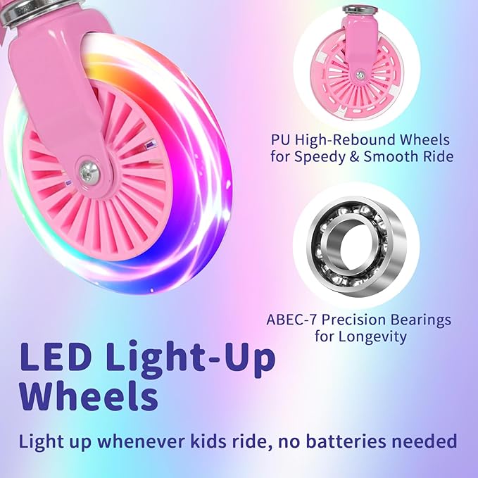 BELEEV V3 Scooter for Kids with Light-Up Wheels & Stem & Deck, 2 Wheel Folding Scooter for Girls Boys, 4 Adjustable Height, Lightweight Kick Scooter with Handy Kickstand for Children Ages 3-12