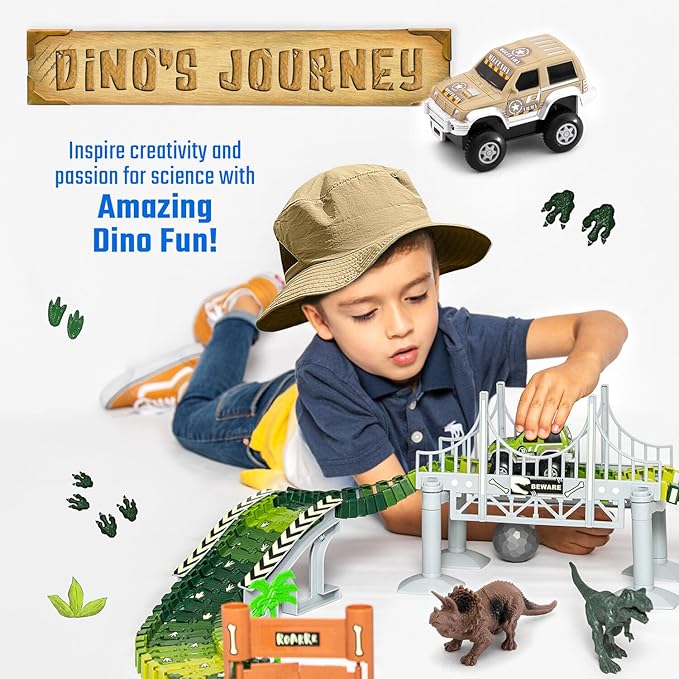 JITTERYGIT Race Track and Dinosaur Track Christmas Bundle Gift, Glow in The Dark Flexible Racing STEM Vehicle Play Set, Magic Racetrack Present for Boys, Girls, Toddler Ages 3 4 5 6 7 8 9 Years Old