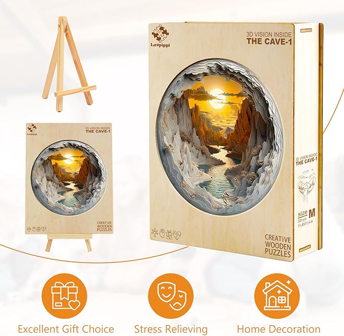 Wooden Puzzles for Adults, Wooden Jigsaw Puzzles for Adults Kids, 3D Vision Inside The Cave-1 Unique Shaped Wood Puzzles Adult, Creative Birthday Gifts for Friends Family Game(13.4 * 13.4in 300pcs)
