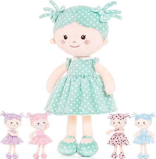 Onetoo Plush Rag Doll My First Baby Doll Soft Baby Doll for Girls Sleeping Cuddle Buddy Doll Wear Green Dress White Polka Dot 14"(Milly Series)