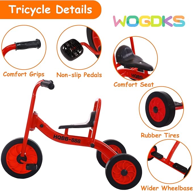Kids Tricycle for Ages 2-6, Preschool Daycare Pedal Tricycle, Outdoor Playground Kids Trike with Inflation-Free Rubber Wheels, Carbon Steel Frame
