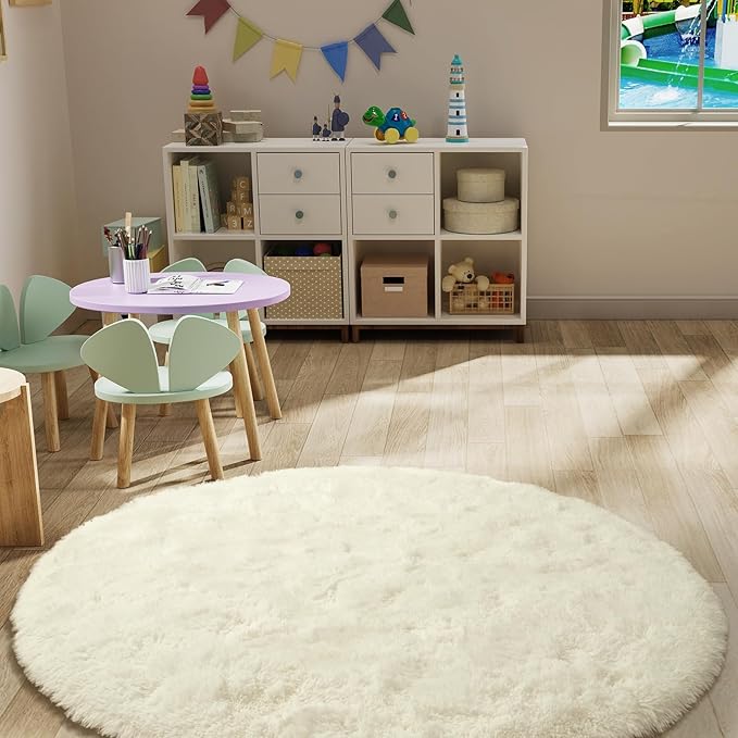 LOCHAS Luxury Round Fluffy Area Rugs for Bedroom Kids Girls Room Nursery, Super Soft Circle Rug, Cute Shaggy Carpet for Children Living Room, 5x5 Feet Cream