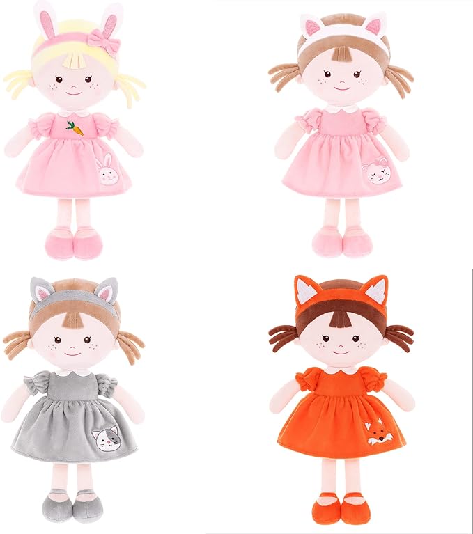 Onetoo First Baby Doll Soft Baby Gifts for Girls Plush Rag Doll Wear Kitty Costume Gray Dress 14"