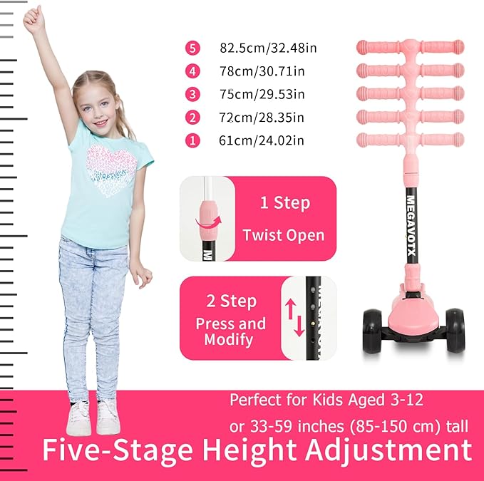 Kids & Adults Kick Scooter – 2 or 3 Wheel Options (LED on 3-Wheel) for Outdoor Fun & Commuting, Foldable and Portable, Adjustable Handle, Anti-Slip Deck (Ages 3 to Adult),Birthday Gift