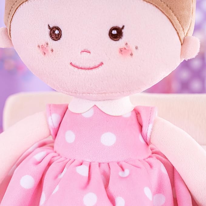 Onetoo Plush Rag Doll Sleeping Cuddle Buddy Doll Soft Baby Doll for Girls First Baby Doll Wear Pink Skirt Dress 14"(Milly Series)