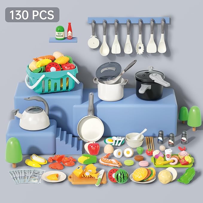 130Pcs Kitchen Playset, Toddler Pretend Cooking Play Pots, Pans, Utensils Cookware, Daily Food Fruit Veges, Shopping Storage Basket, Dessert, Prop Money, Learning Gift for Child (White)