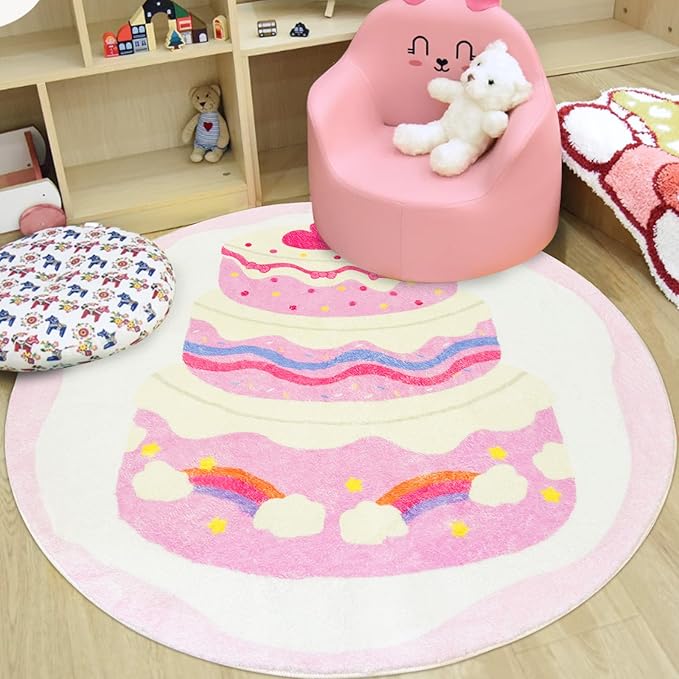 Kids Rug Pink Cake Bedroom Carpet for Girls 4Ft Round Rainbow Dessert Play Mat Circle Playroom Area Rug for Nursery Living Room Classroom Decor Washable Children Throw Rug