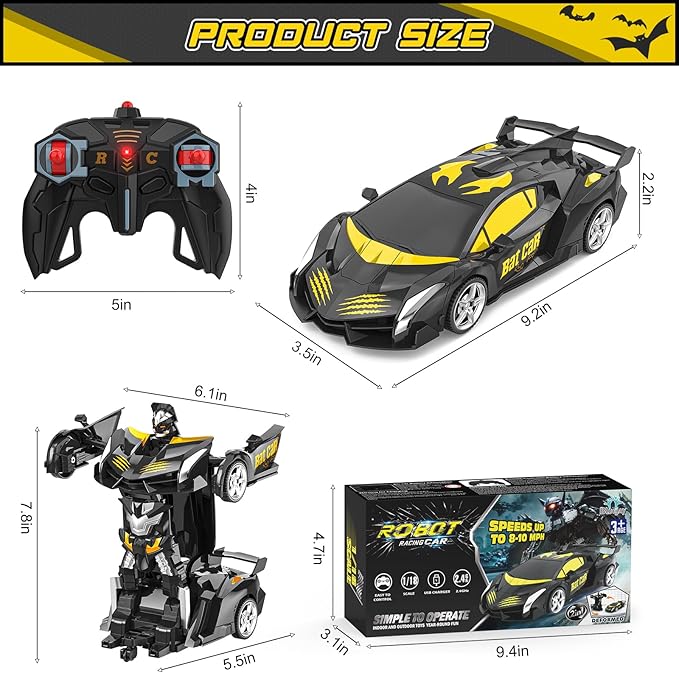BLUEJAY Transform Rc Cars for Boys 4-7 8-12, 2.4Ghz Remote Control Car 1:18 Scale Transforming Robot, One-Button Deformation 360° Rotation Car Toy Gifts for Boys 3-5 (Bat)