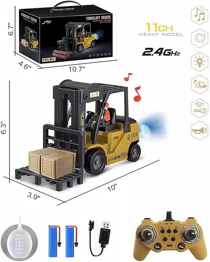 11 Channel RC Forklift - 1:24 Scale Construction Truck Toy, Yellow, 3+ Years, Male, Children