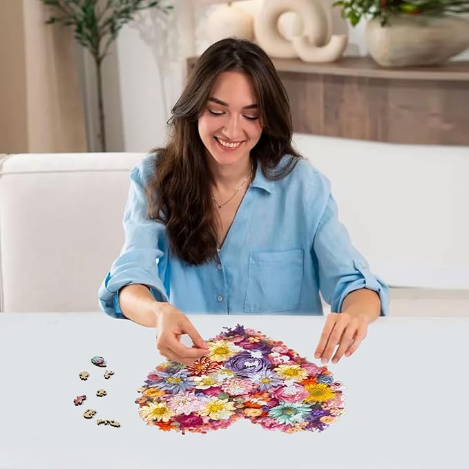 Flower Heart Wooden Jigsaw Puzzle for Adults and Kids 200 Pcs Unique Shape Wood Multicolor Beautiful Box Fun Challenge Brain Health Family Game Creative Gift for Friends Rompecabezas madera
