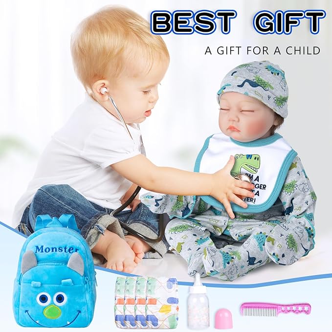 PEDOLLTREE 12 Pcs Set Reborn Baby Dolls Clothes Outfit Accessories Blue Dinosaur Set for 17-22 Inch Reborn Doll Newborn Boy with Monster Backpack Diaper